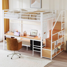 Metall-Hochbett,Multifunktionsbett mit Schreibtisch,LED,Mit Steckdosen,offenem Stauraum und Stoffschubladen-Oberbett 140*200,und Unterb