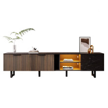 200cm TV-Schrank mit schwarzer Marmoroptik, dunklen Holzmasertüren, verstellbarer LED-Beleuchtung, zwei Türen und zwei Schubladen, geei