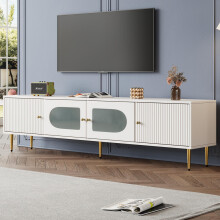 Eleganter 170*35*50cm TV-Schrank – Weißer Korpus mit Goldenen Beinen und Griffen, 2 Türen mit Vertikalrillen, 2 Türen mit Bogenglas, 3