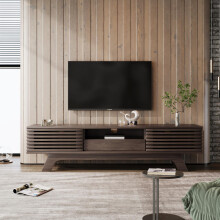 TV-Schrank mit einer Schublade und zwei Türen, TV-Möbel, TV-Panel, TV-Lowboard, TV-Schrank. Einzigartiges Design, Vintage-Holzfarbe. 15