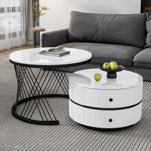 Elegantes 2-teiliges, weißes Couchtisch-Set in Nestform, 60*60*46cm & 50*50*31cm, runde Tische mit hochglänzender Marmoroptik, 2 Schubl
