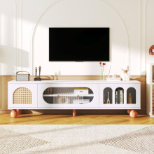 TV-Möbel, TV-Möbel mit Rattan-ähnlicher Tür, Glasschiebetür, drei offenen Bogenbereichen, lowboard mit goldenen Griffen und massiven Ho