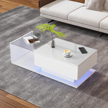 Hochglanz-weißer Couchtisch 100x50x32 cm - mit Glasplatte und Schubladen, kratzfest, mit 1 Schublade, mit LED-Beleuchtung, moderner Sti