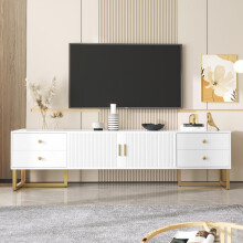 TV-Schrank, niedriges Paneel mit strukturierter Tür, TV-Möbel mit Schubladen, goldenen Griffen und goldenen Füßen