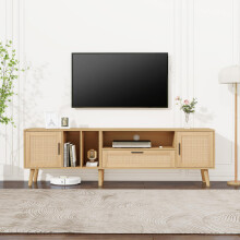 Geräumiger 180-cm-TV-Schrank mit Rattan-Dekoration, 2 Türen und einer Schublade, Beine aus Massivholz, bietet Platz für einen 80-Zoll-F