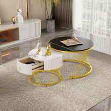 Eleganter zusammensetzbarer Couchtisch: Marmoroptik, Golddekor, Beistelltisch mit Schubladen – 2er-Set