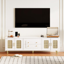 Lowboard, TV-Möbel im Retro-Stil: goldene Griffe, viel Stauraum. Mit Rattantür und Metallbeinen