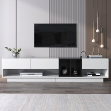 TV-Schrank, Lowboard, Kombination in Hochglanz-Weiß und Schwarz. Farbblockierendes Design, Schubladen, Fächer, mehrere Stauräume.