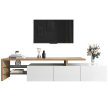 Modernes TV-Schrank-Design: Stilvolle Eleganz, praktischer Stauraum, Hochglanzweiß, Holzoptik, Glasböden, LED-Beleuchtung