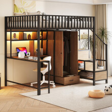 Metall-Hochbett 140 x 200 cm Mit Schreibtisch, Regal, Kleiderschrank und Schubladen, Mit Aufbewahrungsleiter und Sicherheitsgeländer, K