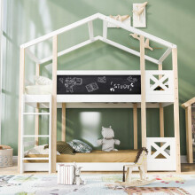 (=517273AAW)Kinderbett Baumhaus mit Leiter 90 x 200 cm, Hochbett für Kinder– 2x Lattenrost- Natur & Weiß