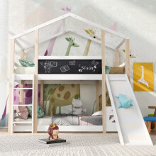 (=517234AAW )Kinderbett Baumhaus mit Rutsche & Leiter 90 x 200 cm, Hochbett für Kinder– 2x Lattenrost- Natur & Weiß