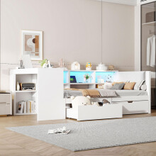 90x200 Holz-Plattformbett mit Ablageflächen, Schubladen, Ladestation und gepolstertem Kopfteil, Mit bunten LED-Leuchten, Weiß