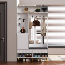 Garderoben-set, Wandgarderobe, Flurgarderobe Set mit Schuhbank, Garderoben Set mit 4 Kleiderhaken, zwei Schubladen und 1 Türen, Weiß,10