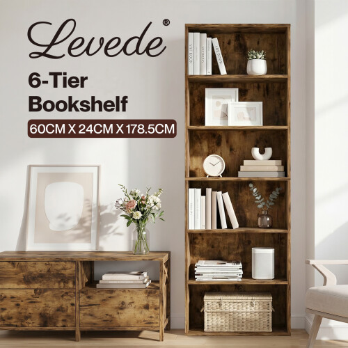 Levede 6 Tier Slim Industrial Bookshelf Walnut