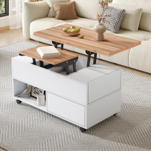 100*50*52cm Couchtisch mit 4 Rollen,multifunktionaler Wohnzimmertisch mit 4 Schubladen, anhebbarer Kaffeetish, höhenverstellbar Sofatis