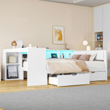 140x200 Holz-Plattformbett mit Ablageflächen, Schubladen, Ladestation und gepolstertem Kopfteil, Mit bunten LED-Leuchten, Weiß