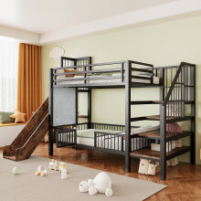 Metall-Hochbett für Kinder mit Rutsche und Stauraumtreppe 90*200CM , Etagenbettgestell mit Schutzgittertür, integrierten Regalen, platz