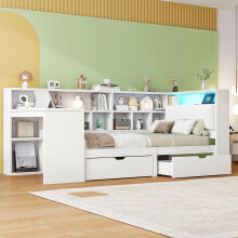 90x200 L-förmiges Holz-Plattformbett mit Schreibtisch und Bücherregal, Eck-Kapitänsbett mit gepolstertem Kopfteil, Schubladen unter dem