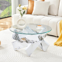 Multi-Farbe optional MDF + Glas runder Couchtisch: weiße Imitation Marmor gemusterte Stützbeine, einfach und stilvoll.79cm Durchmesser,
