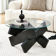Mehrfarbiger optional MDF+Glas runder Couchtisch: schwarze Holzkorn Stützbeine, einfach und stilvoll.79cm Durchmesser, 0,8cm dicke gehä