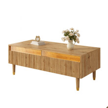 Dieser moderne LED-Couchtisch verfügt über eine gewellte Schubladenplatte, gold-holzfarbene Beine, zwei Schubladen und einen farbwechse