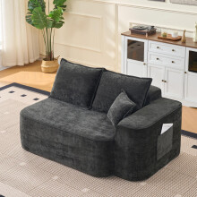 Bequemes 2-Personen Sofa ohne Montage, weiches Sofa mit Kissen & Seitentaschen, mit Seitentaschen, Schwarz