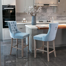 Contemporary Velvet Upholstered Barstools with Button Tufted Decoration and Wooden Legs, and Chrome Nailhead Trim, Leisure Style Bar Ch
