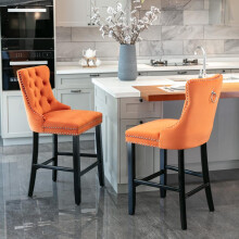 Contemporary Velvet Upholstered Barstools with Button Tufted Decoration and Wooden Legs, and Chrome Nailhead Trim, Leisure Style Bar Ch