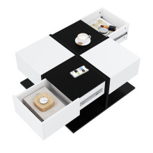 Moderner Couchtisch Schwarz Weiß 707035,5 cm mit 2 Schubladen, Quadratischer Wohnzimmertisch mit Stauraum, Hochglanz Kaffeetisch mi
