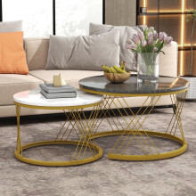(WF300416AAA)Moderne Nesting Couchtisch, Couchtisch Satz Marmor Furnier Sofa Seite Nest von Tischen Runde Endtische, Satz von 2, Golden