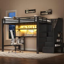 Metall-Hochbett 140x200 mit Schreibtisch, Regal, Kleiderschrank und Stauraumtreppe, Schwarz