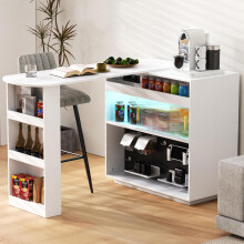 Moderner Bartisch, Ausziehbar 360 Drehbare Sideboard mit Stauraum und LED-Beleuchtung, Reversibel Sideboard mit Lochbrett und Steckdo