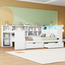 140x200 L-förmiges Holz-Plattformbett mit Schreibtisch und Bücherregal, Eck-Kapitänsbett mit gepolstertem Kopfteil, Schubladen unter de