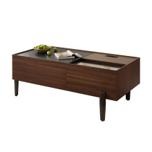 Moderner Couchtisch mit Schubladen & Glasplatte – Dunkelbraunes Holzdesign, Holzmaserung in Marmoptik, Metallbeine & viel Stauraum für