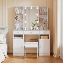 Großer Schminktisch, Make-up Tisch mit verstellbarer LED-Beleuchtung, mit Spiegel und schminktisch hocker, 3 Schubladen und 2 Türen, S