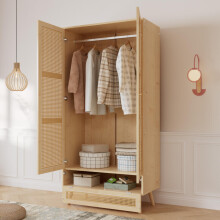Kleiderschrank mit Stange, 2-türiger Kleiderschrank, Schlafzimmer, Rattannetz, Wohnzimmer, mit unterem Flip-Top-Deckel, Spanplatten+PE-