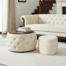 Luxuriöses 2er-Set Nesting-Hocker aus Samt, 4-in-1-Funktion, runder Stauraum-Fußhocker mit Holzablage, kein Aufbau erforderlich, Beige