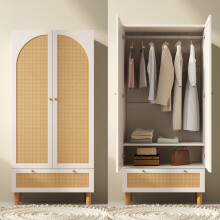 Kleiderschrank Garderobenschrank mit 2 Türen & Rattan, Landhausstil Weiß mit großer Schublade, höhenverstellbaren Regalen & Kleiderstan