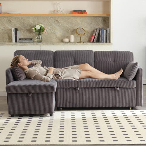Multi-functional sofa bed with storage and pull-out bed, chaise longue interchangeable sofa bed, sectional sofa with storage seats, mod