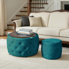 Luxuriöses 2er-Set Nesting-Hocker aus Samt, 4-in-1-Funktion, runder Stauraum-Fußhocker mit Holzablage, kein Aufbau erforderlich, Blau (