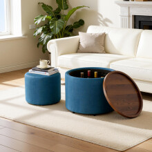 Ball & Cast 2er-Set Nesting-Hocker mit Stauraum, Fußhocker mit Leinenbezug und Holzablage, 58 cm runder Couchtisch & Bank, Blau