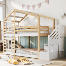(=AB30604567W) Kinderbett Baumhaus 90 x 200 cm, Etagenbett für Kinder in Fensterbauweise mit Speicherung und Rausfallschutz, Natur & We
