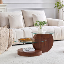 Moderner minimalistischer zweischichtiger Sicherheitsglas-Couchtisch, mehrstufiges Design, hochwertige MDF-Trägerstruktur mit Walnussho