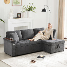 Modernes L-Sofa mit ausziehbarem Schlafsofa mit Schlaffunktion, Stauraum, USB-Ladegerät, Armlehnenablage und 2 Kissen, geeignet für Woh