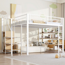 Hochbett 140*200, mit Sicherheitstreppe, Stauraum und kleinem Kleiderschrank, Einlegeböden, hohes Zaundesign, Einzelbett, Jugendbett, w