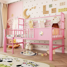 Kinderbett 90*200cm, Niedriges Hochbett mit Metallrahmen und Ablagefächern, geeignet für Kinder und Jugendliche.Rosa