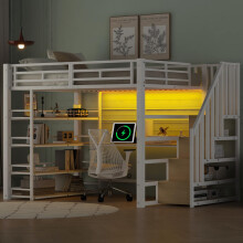 140x200 Metall-Hochbett mit Treppe, integriertem Schreibtisch, Staufächern, USB-Ladestation und LED-Licht, Weiß