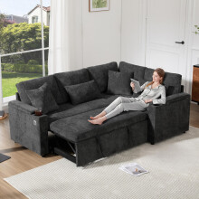 L-förmiges, ausziehbares Ecksofa, Canapé Convertible mit Stauraum, Getränkehalter, USB-Ladeanschluss, Armlehnenablage und vier Kissen.