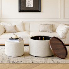 Ball & Cast 2er-Set Nesting-Hocker mit Stauraum, Fußhocker mit Leinenbezug und Holzablage, 58 cm runder Couchtisch & Bank, Beige